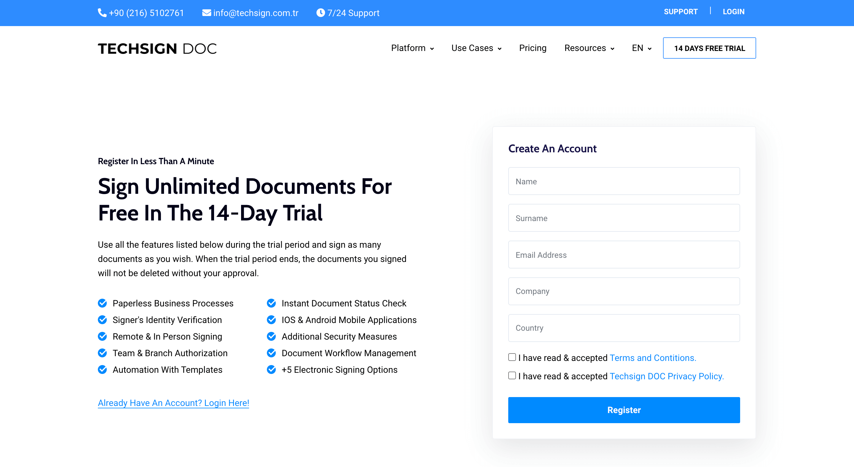 Techsign DOC 14 days trial and register page