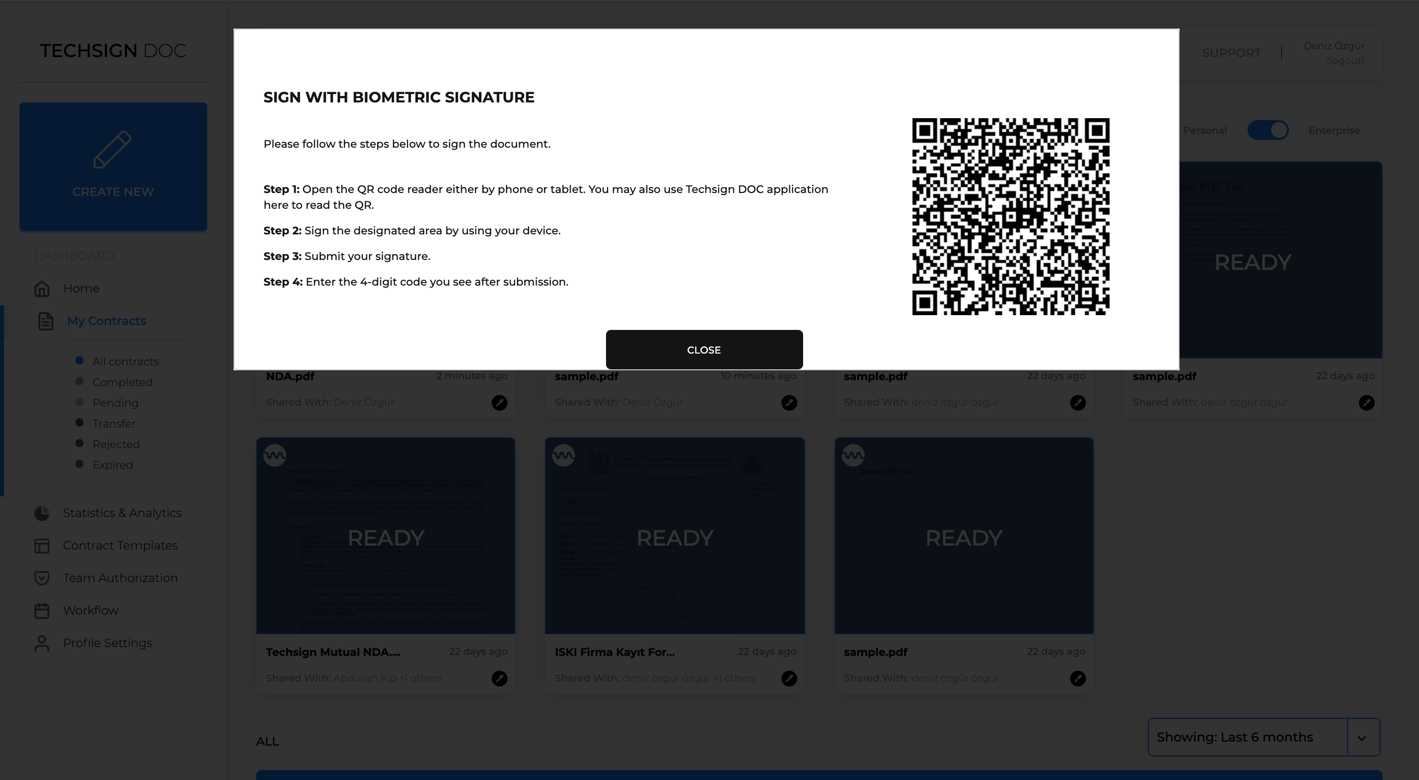 Techsign DOC Document Signing Platform QR redirecting to a device with touch screen when biometric signature is requested