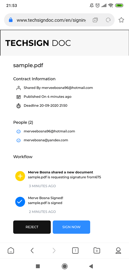 Techsign DOC Document Signing via mobile internet explorer without downloading app or becoming a member