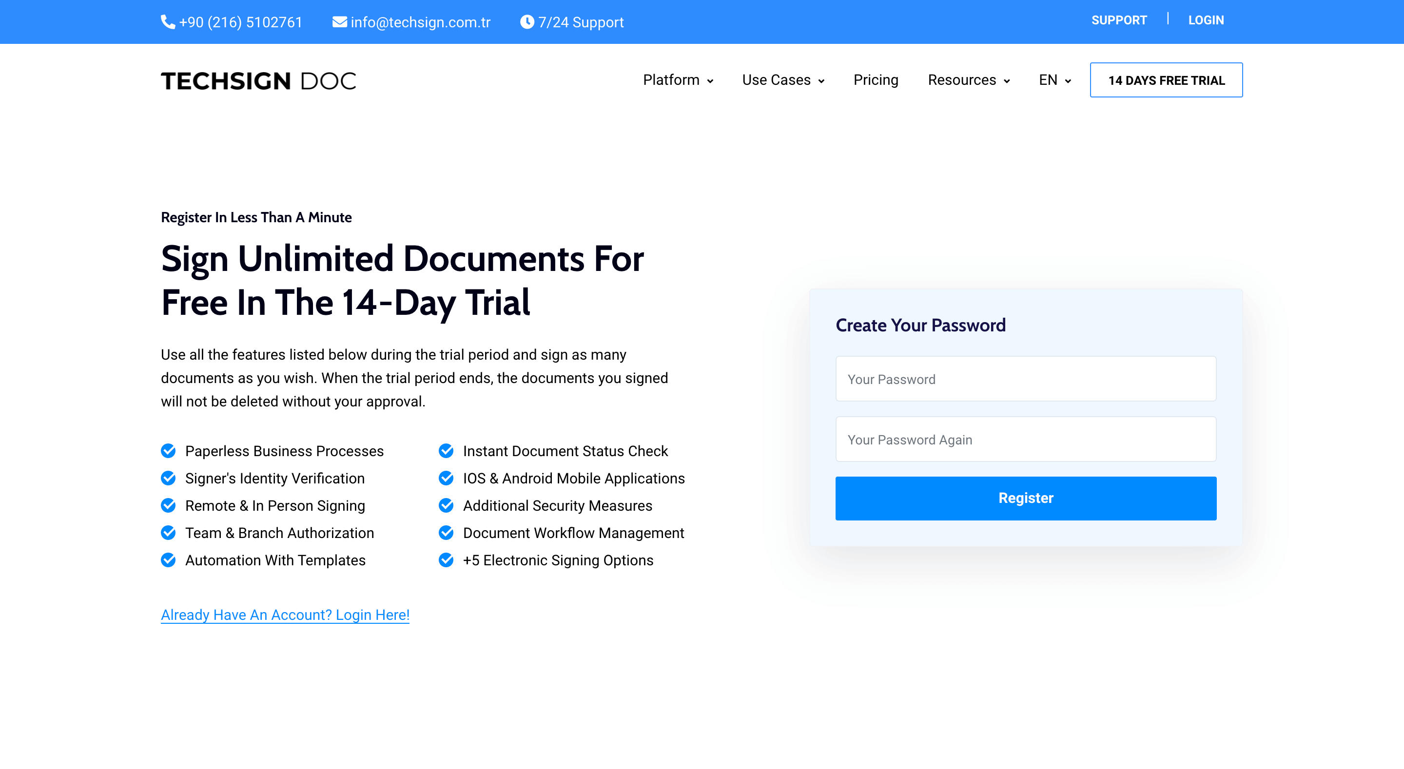 Techsign DOC create password and activate account page
