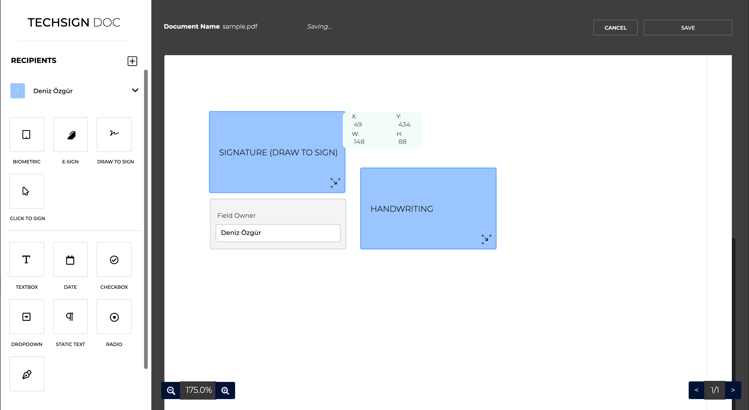 Place signatures and components onto documents and save a template