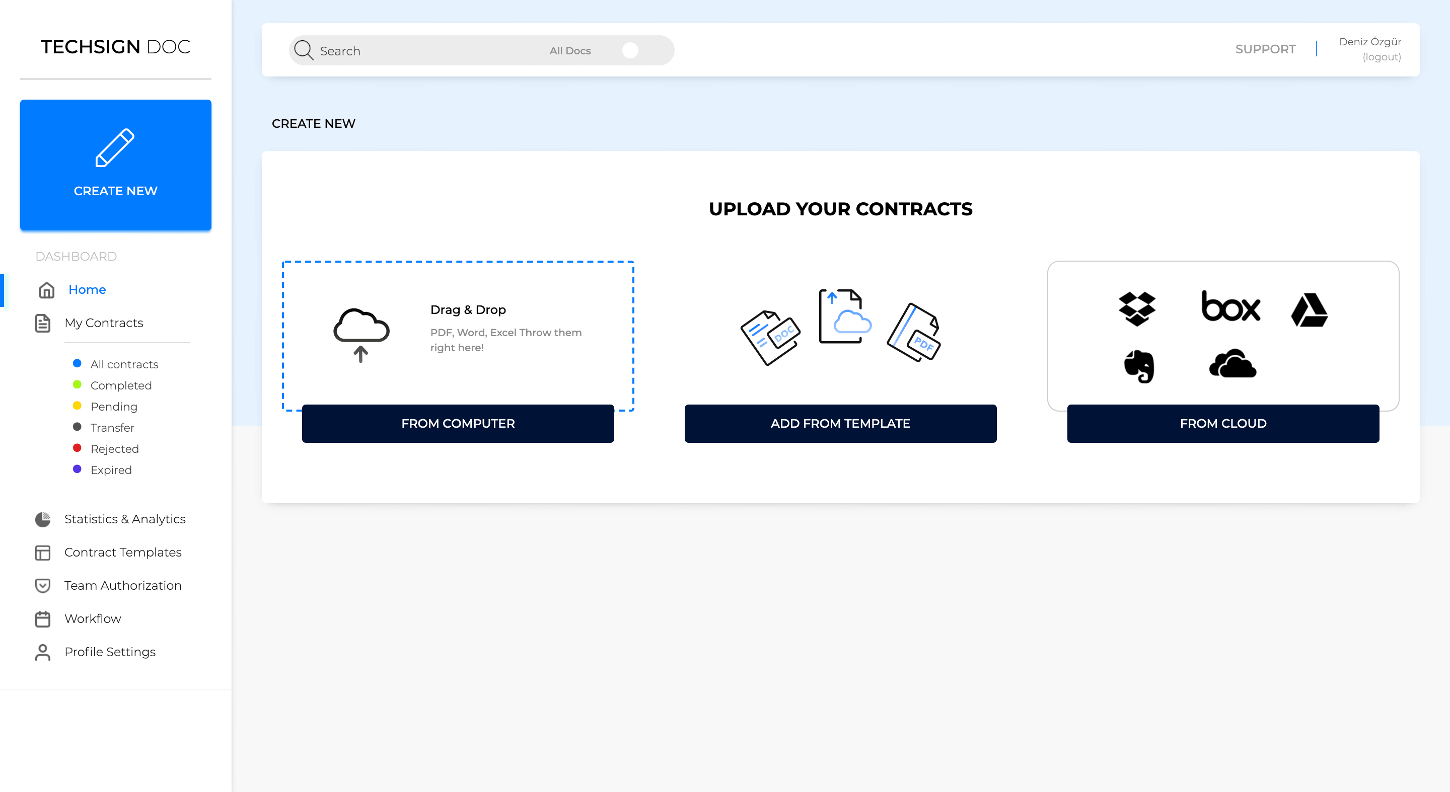 Techsign DOC Dashboard upload file to create a new document