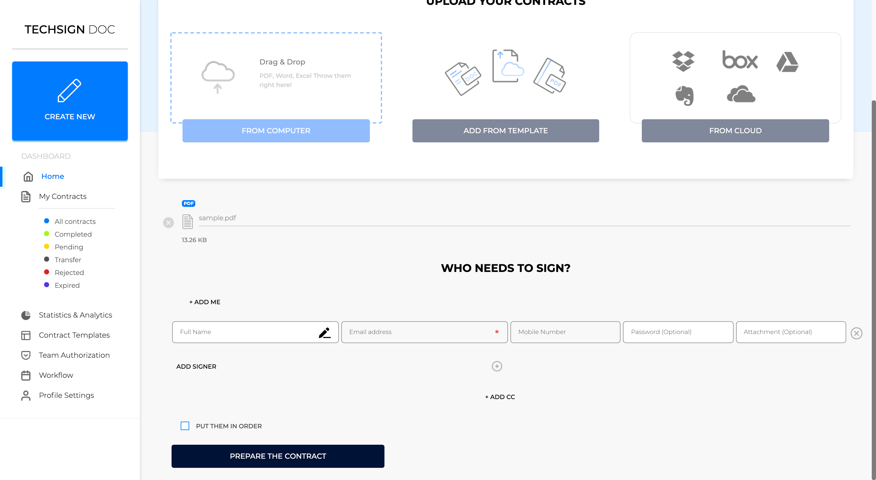Techsign DOC Dashboard enter multiple recipients to create a new document