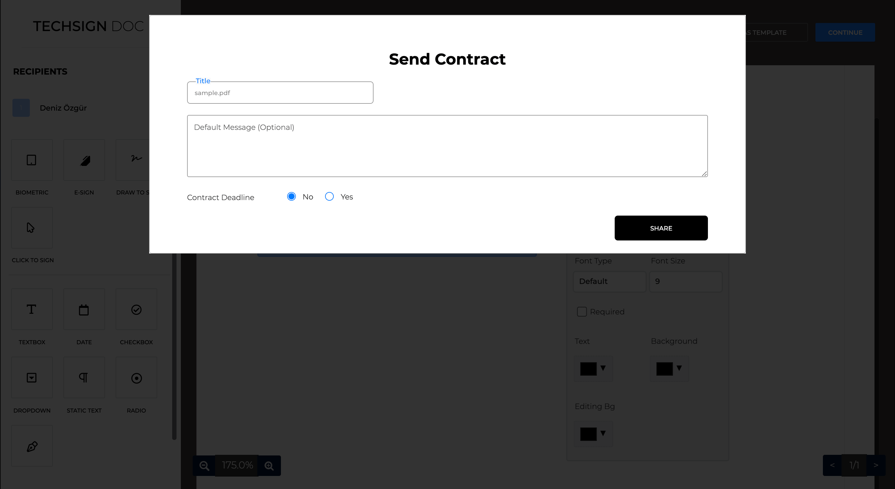 Techsign DOC Dashboard document signing deadline and message for recipients